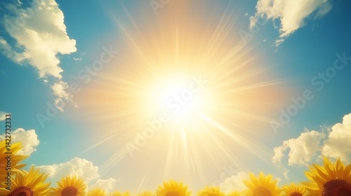Radiant Sunbeams over Sunflowers with a Clear Azure Summer Sky Scene