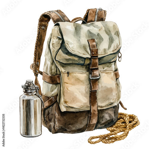 Expedition Backpack With Rope And Flask, watercolor vector, isolated on a white background.