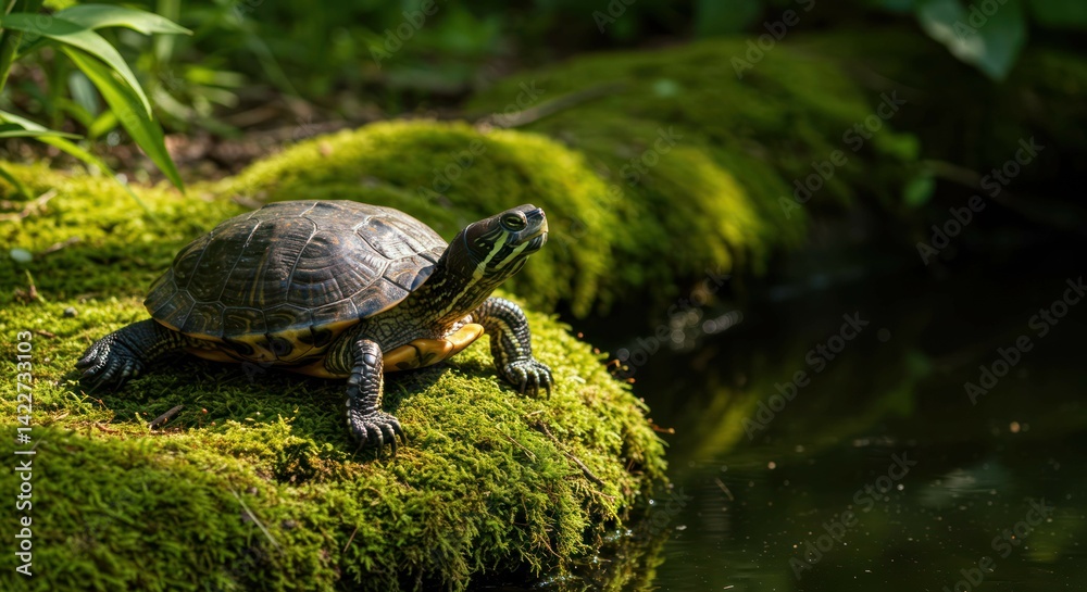 Obraz premium A turtle basking on moss near a pond, surrounded by nature's serenity.