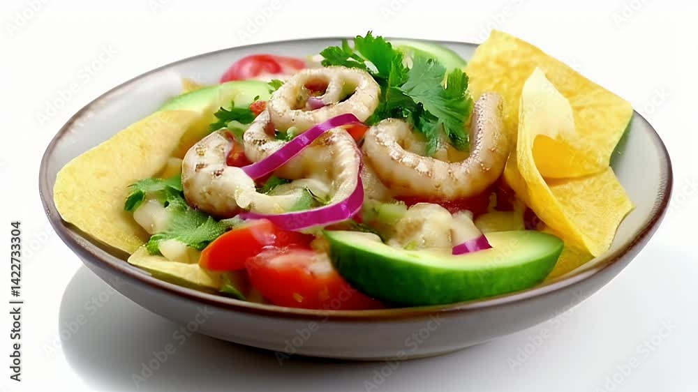 Close Up of Appetizing Ceviche Featuring Squid Rings Tomatoes Avocado Chips and Fresh Parsley in a Brown Bowl on White Backdrop Close Up of Appetizing Ceviche Featuring Squid Rings Tomatoes Avocado Chips and Fresh Parsley in a Brown Bowl on White Backdrop
