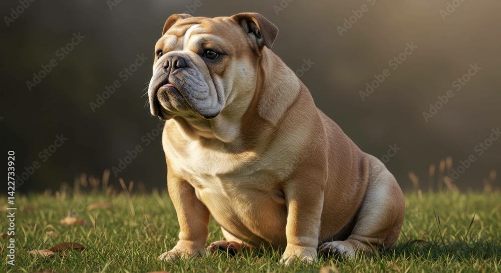 An adorable bulldog sits calmly on a lush green lawn outdoors. An adorable bulldog sits calmly on a lush green lawn outdoors.