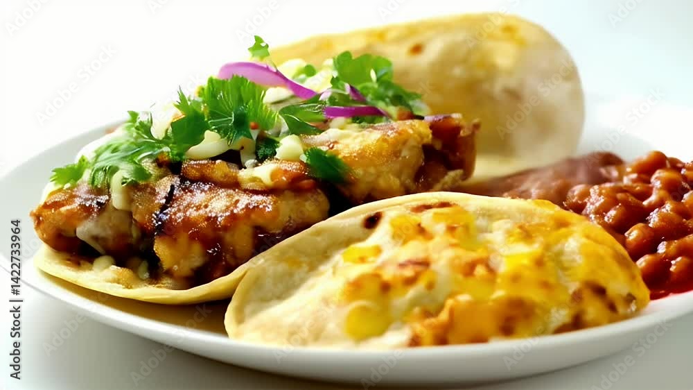Close Up of Flavorful Tacos Topped with Cilantro and Red Onions Served with Beans and a Folded Tortilla on a White Plate Close Up of Flavorful Tacos Topped with Cilantro and Red Onions Served with Beans and a Folded Tortilla on a White Plate