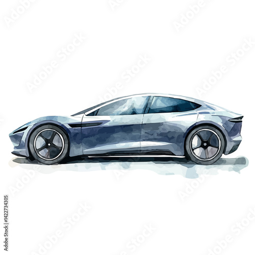 watercolor of Electric Car With Sleek Curves, vector, isolated on a white background.