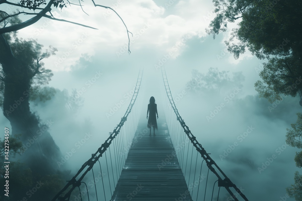 Obraz premium You walk on a bridge in a foggy place. The place is strange and beautiful.