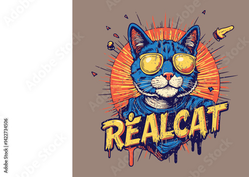 Stylized Illustration of a Cool Cat Wearing Sunglasses and Text Design