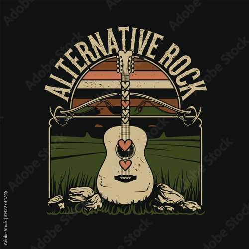 Alternative Rock Gitter Vintage Alternative Rock Design Featuring Acoustic Guitar with Heart Decor