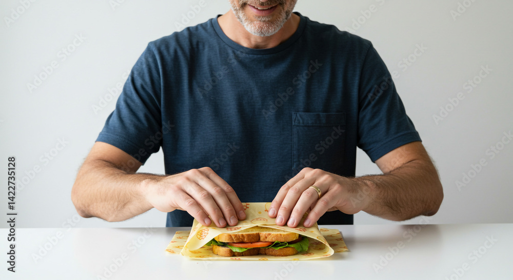 Man wrapping a sandwich in beeswax wrap at a table in front of a white background in a studio shot Man wrapping a sandwich in beeswax wrap at a table in front of a white background in a studio shot