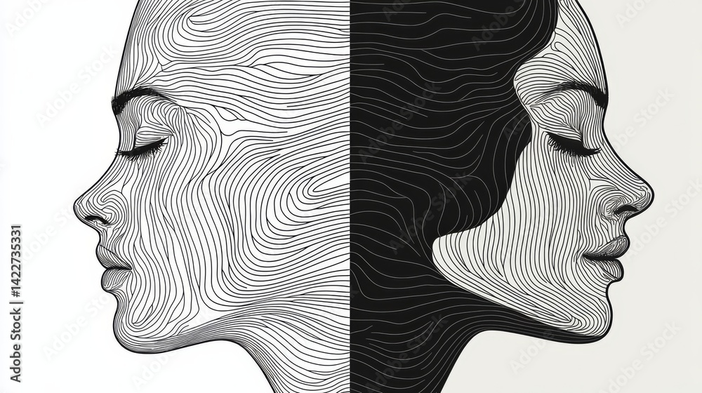 Woman head vector lineart illustration. One Line style drawing