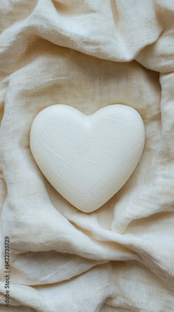 Obraz premium A white heart shaped soap is placed on a white cloth. The heart is surrounded by a white cloth, which gives the impression of a soft and gentle touch. The soap is placed in the center of the cloth