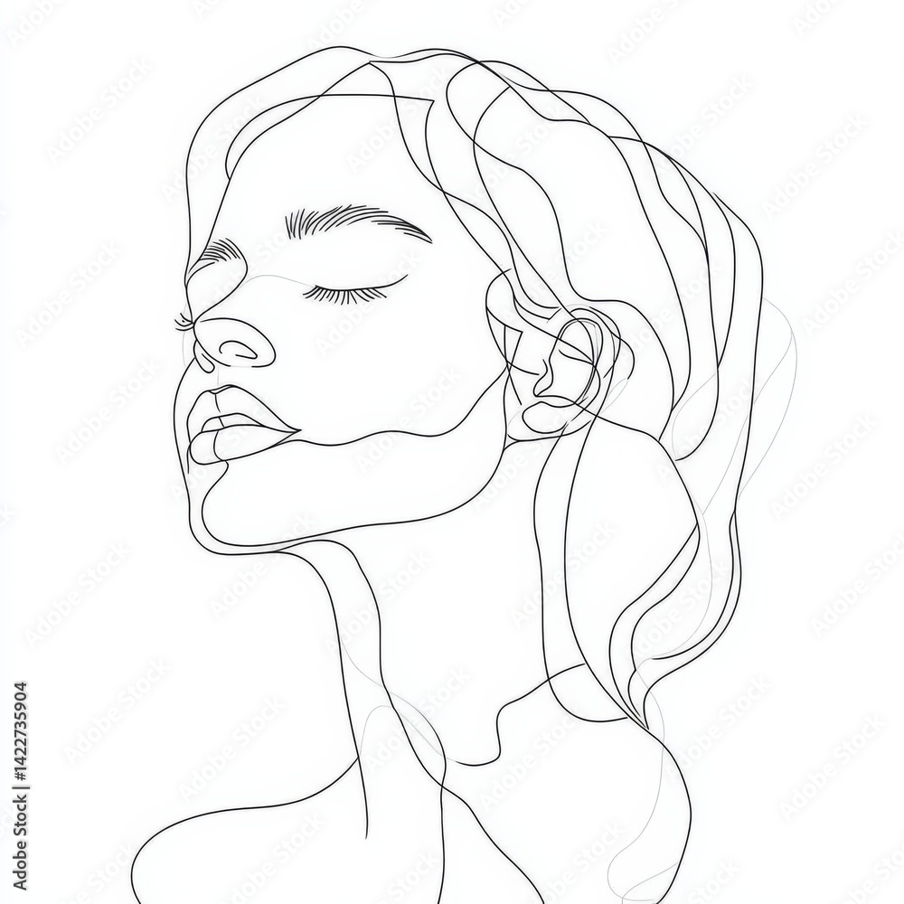 Woman head vector lineart illustration. One Line style drawing