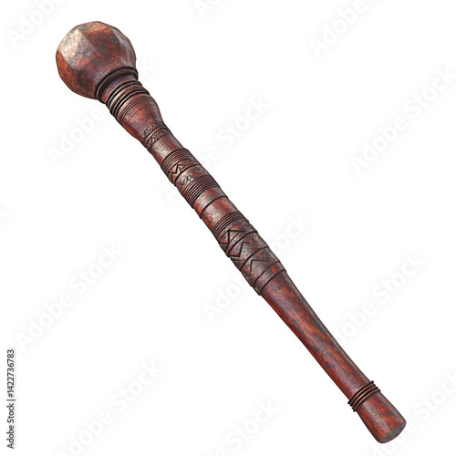 ingle ceremonial wooden club from Dinka tribe, hand-carved ridges and tribal markings along shaft, reddish wood finish, isolated cleanly on white background, high-resolution upscale artifact render. photo