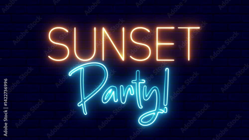 ULTRA HD. Sunset Party neon sign. Sunset Party text font with neon light. Luminous and shimmering haze inside the letters of the text Sunset Party. ULTRA HD. Sunset Party neon sign. Sunset Party text font with neon light. Luminous and shimmering haze inside the letters of the text Sunset Party.