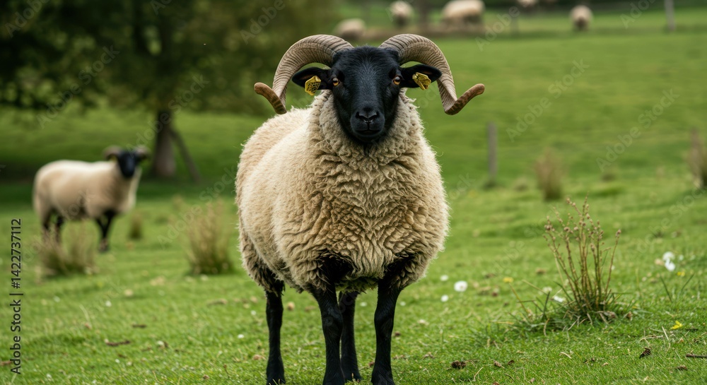 Obraz premium Blackface sheep portrait in a green field, looking at the viewer.