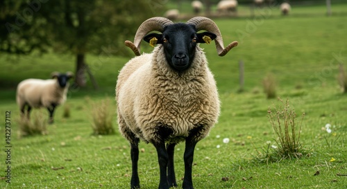 Blackface sheep portrait in a green field, looking at the viewer.