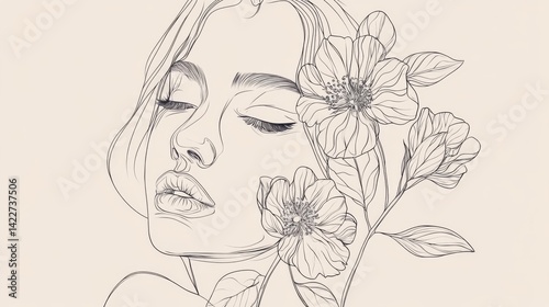 Obraz na płótnie Elegant continuous one line drawing of a woman’s face with floral and botanical elements w salonie