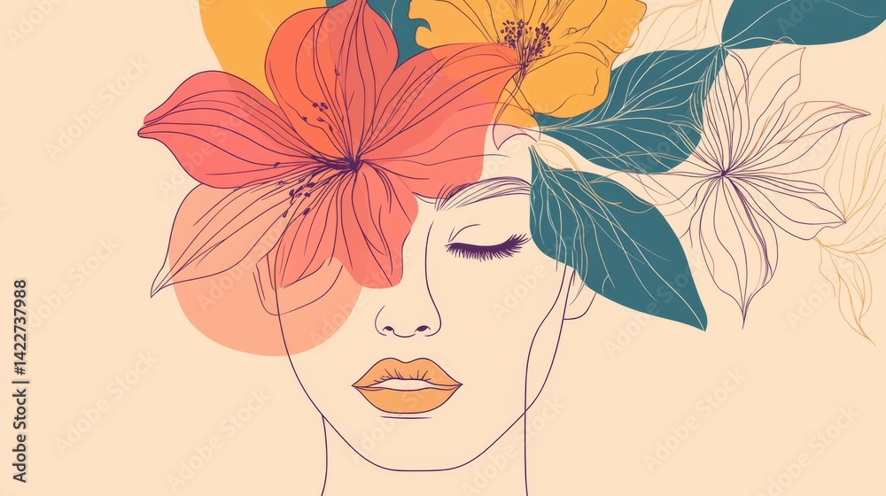 Elegant continuous one line drawing of a woman’s face with floral and botanical elements