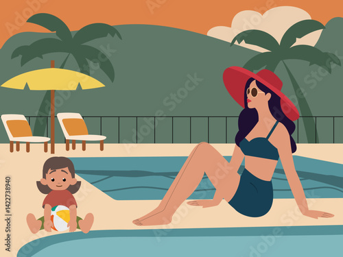 Mother and daughter relaxing by the pool