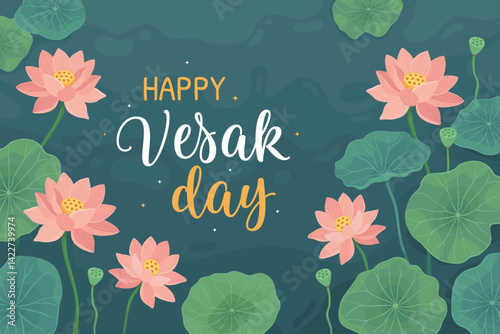 Happy Vesak day, buddhist holiday. Flowers and leaves of lotus, pink water lilies in green water. Vector illustration. Symbol of peace, meditation, enlightenment.