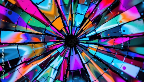 Colorful shattered glass pattern with vibrant neon hues and intricate fractal design perfect for abstract art and modern decoration themes