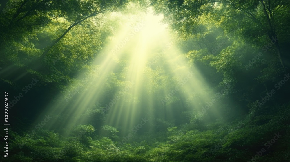 Sunlight streams through lush forest canopy Sunlight streams through lush forest canopy