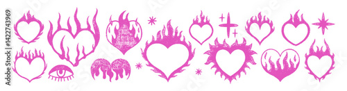Set of hearts with flames with crayon, pastel or chalk texture. Y2k grunge doodle design for tattoo. Pink vector illustration on a white background.