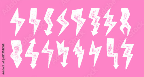 Set of lightning bolts with crayon, pastel or chalk texture. Grunge white doodle illustration on a pink background.