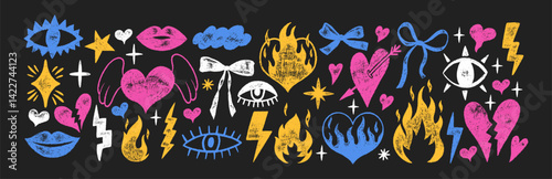 Set of stars, fire flames, eyes, lightning bolts, bows and hearts with crayon, pastel or chalk texture. Doodle elements for collage or kids design. Color vector illustration on a blackboard.
