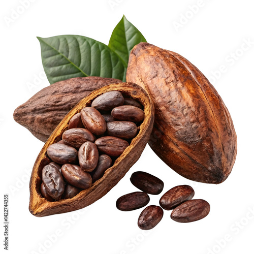 cacao beans with rough natural shells, dry surface texture, and earthy brown tones, isolated on a transparent background.