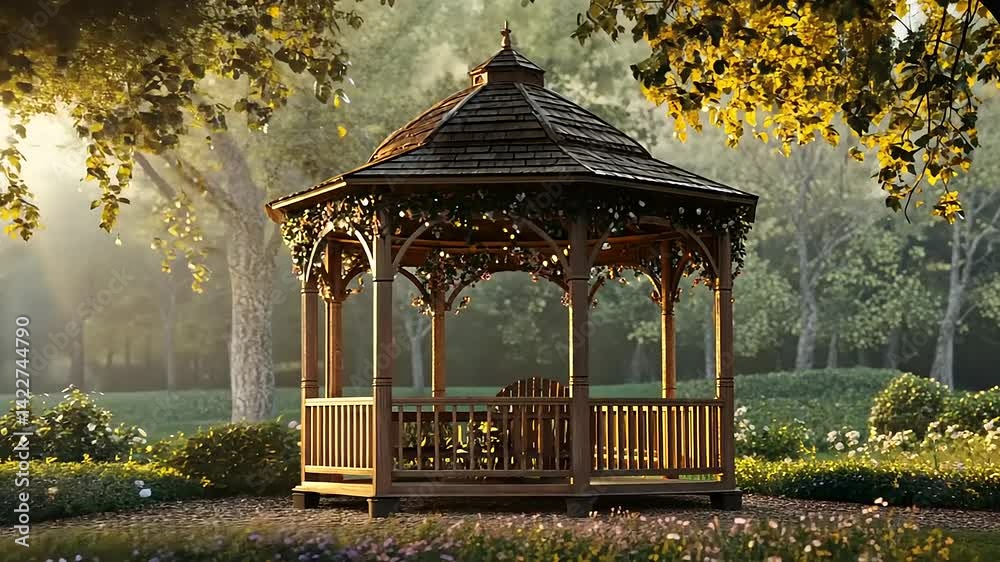 A serene wooden gazebo surrounded by blooming flowers in a tranquil park at sunrise