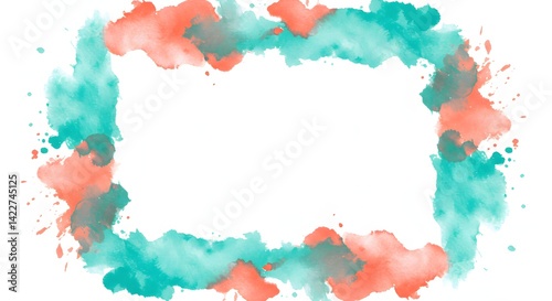 Watercolor frame with coral and teal color on a white background