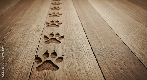 A series of paw prints leading across a wooden floor surface design
