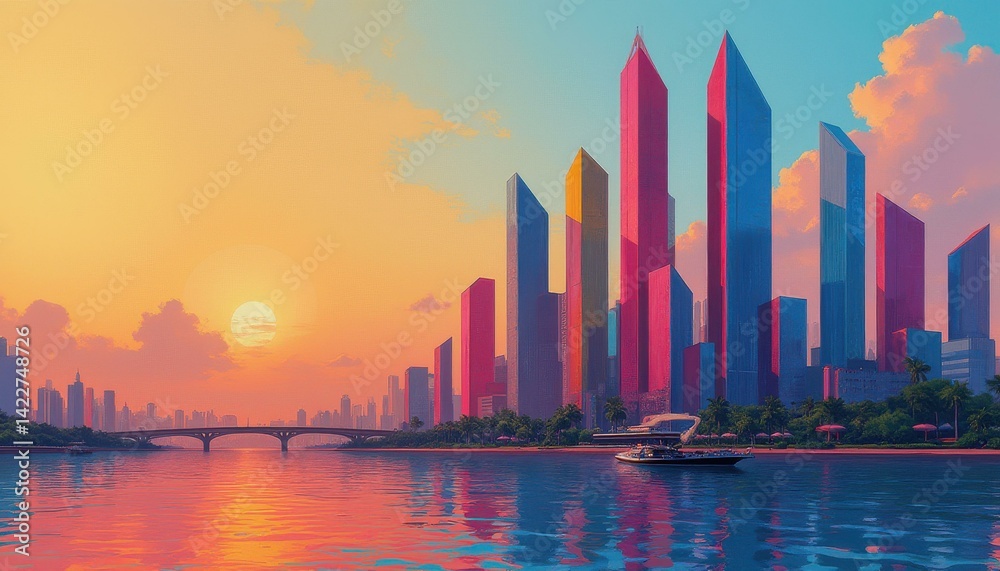 Obraz premium Vibrant skyline at sunset with towering modern buildings and a boat sailing on the shimmering water