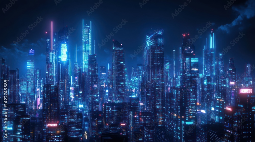 Neon Metropolis: A Futuristic Skyline Bathed in Electric Blue Illumination Neon Metropolis: A Futuristic Skyline Bathed in Electric Blue Illumination