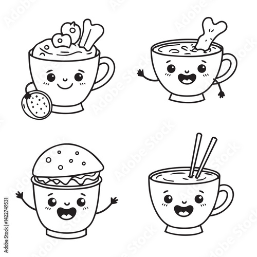Cute cupcake coffee mug and dessert doodle illustrations perfect for kids menu designs party supplies cafe posters black and white food art projects

