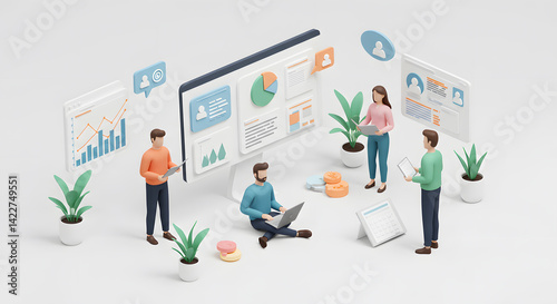 Isometric Team Collaboration: Data Analysis & Business Strategy Visualization