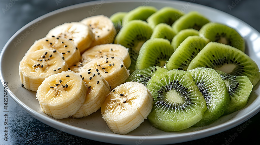 Fresh sliced banana and kiwi fruit bowl healthy snack Fresh sliced banana and kiwi fruit bowl healthy snack