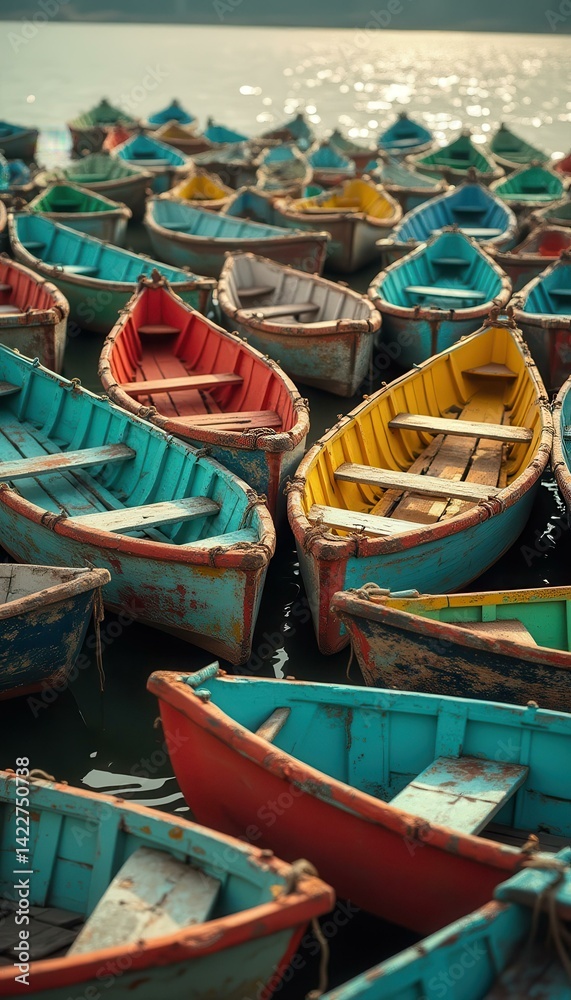Obraz premium Colorful Rowboats Docked on the Water, Close-Up Perspective of Diverse Painted Vessels Floating in a Marina