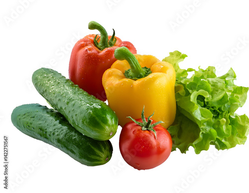 Fresh vegetables with transparent background, cucumbers, peppers, tomato, and lettuce