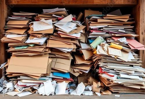 A haphazard stack of used cardboard and discarded paper awaiting recycling, surface, disorganized