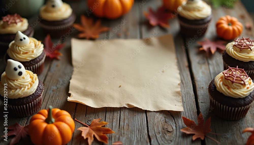 Fototapeta premium Festive Halloween Table with Ghost Cupcakes and Fall Decor for Spooky Celebrations