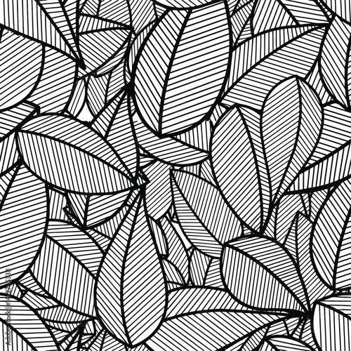 Seamless linear leaves pattern black and white color