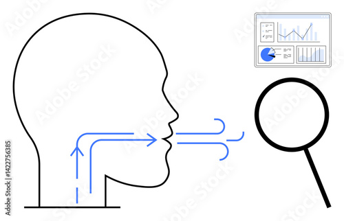 Profile of human head illustrating airflow direction, accompanied by a magnifying glass and data chart. Ideal for biology, health, science education, research, analysis, presentation, simple landing