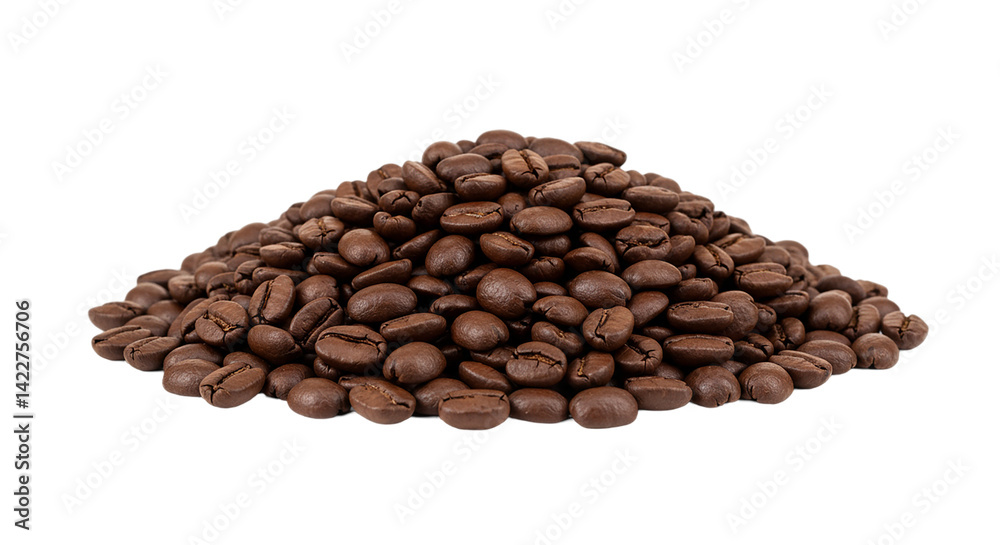 Obraz premium A heap of roasted coffee beans is displayed against a stark black background in a studio photograph