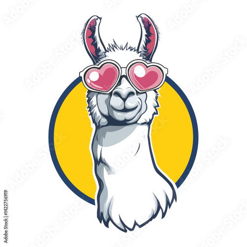 Playful llama with heart-shaped sunglasses.