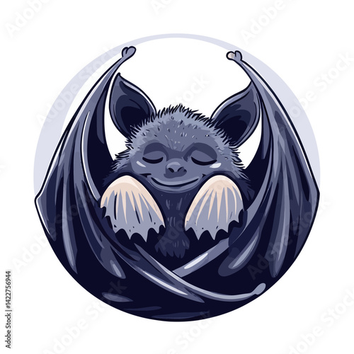 Cute cartoon bat nestled in its wings.