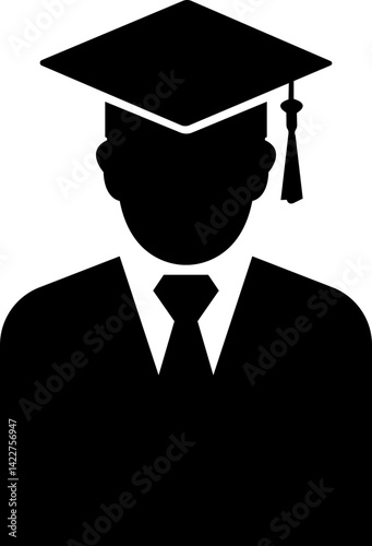 Student icon in black flat style. Graduate student boy in square hat or graduation academic wear. Educational concept element. University avatar education vector isolated on transparent background.