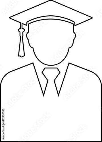 Student icon in black line style. Graduate student boy in square hat or graduation academic wear. Educational concept element. University avatar education vector isolated on transparent background.
