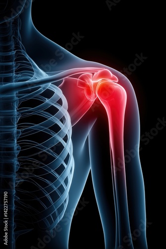 Medical illustration showcasing a detailed anatomical view of a human shoulder joint with highlighted inflammation indicating pain or injury in the shoulder area.
