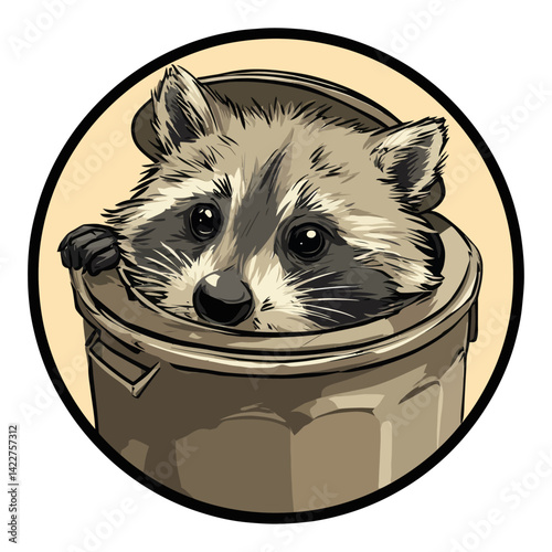 Cute raccoon peeking out of a trash can.