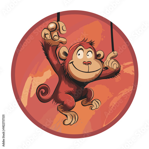 Smiling monkey swinging from ropes in a circular design.